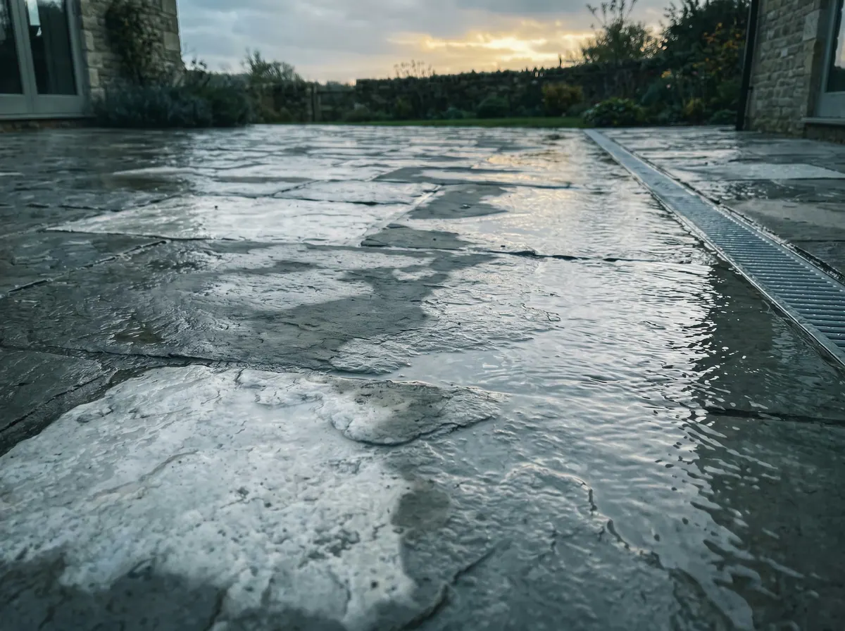 Natuursteenterras waarover water naar de afvoer loopt.
