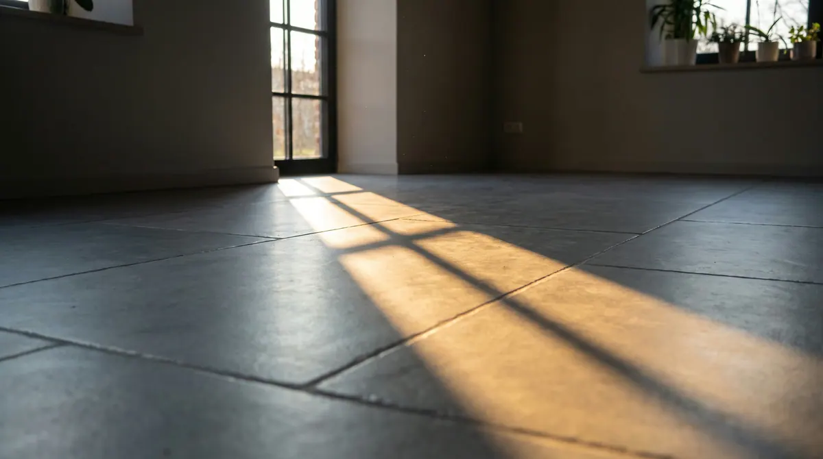 Lage avondzon over een tegelvloer in een rustige woonkamer.
